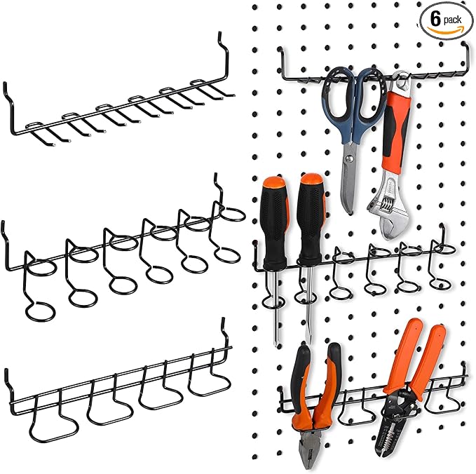 Coume 6 Pcs Pegboard Screwdriver Holders Organizer Pegboard Plier Holders Stainless Steel Peg Board Tool Utility Hooks Accessories Shelving Display Multi-Ring Tool Racks for Shop Store(Black)