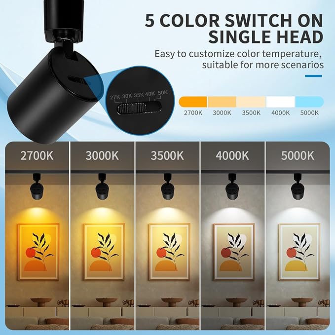 6 Pack 5-Color LED Track Lighting Heads H Type Track Light Heads Dimmable Bright Ceiling Spotlight Fixtures, 2700K-5000K, Flicker Free CRI90+, 36° Beam 10W 800lm, Black