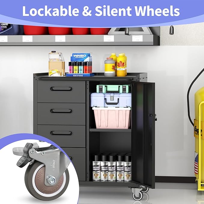 Metal Garage Storage Cabinet on Wheels, Lockable Rolling Tool Cabinet with Drawer and Shelves, Heavy Duty Mobile Steel Cabinet for Garage Warehouse Workshop