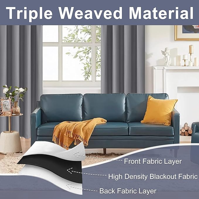 JIUZHEN Blackout Curtains for Bedroom - Thermal Insulated Room Darkening Rod Pocket Short Curtains for Living Room, Set of 2 Panels with Tiebacks, 42 x 45 Inch Length, Light Grey
