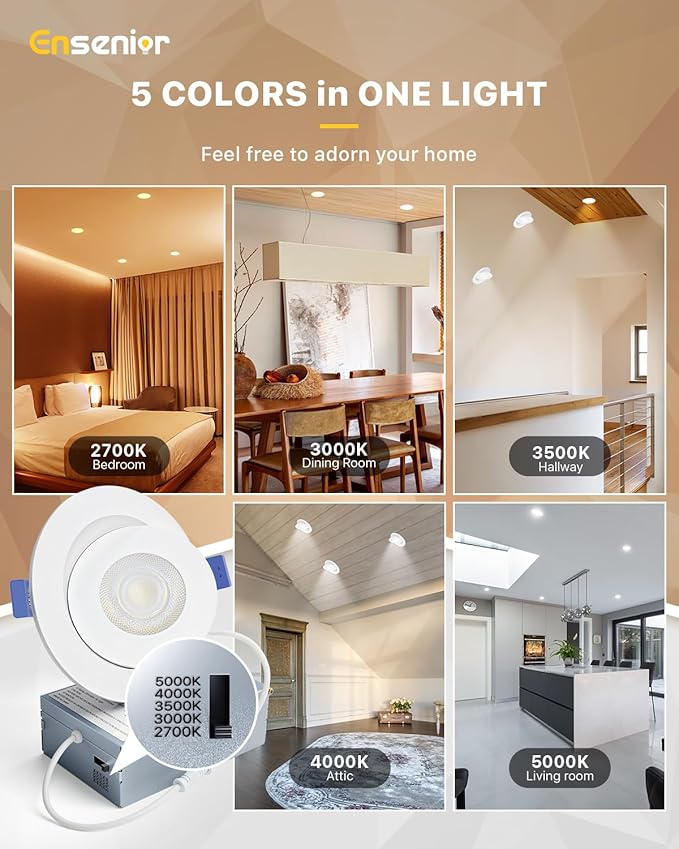 Ensenior 4 Pack 4 inch Gimbal Led Recessed Light with Junction Box, 90° Adjustable Directional Eyeball Lighting, Dimmable, 2700K/3000K/3500K/4000K/5000K, 900LM, 9W=85W-ETL&FCC Certified