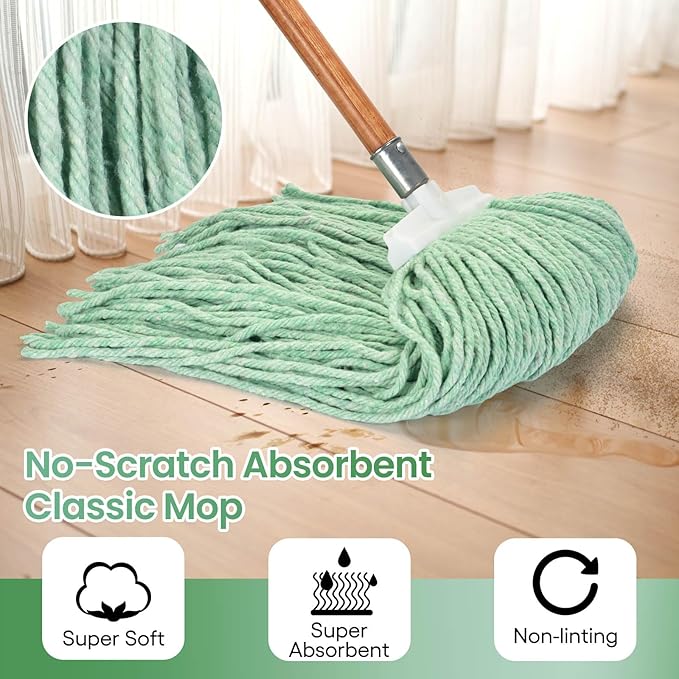 Matthew Cleaning Screw-on Heavy Duty Cotton Wet Mop Replacement Heads(Green, Large,6 Pack) with 2 Pack Microfiber Cloth for Residential & Commercial Floor Cleaning Use- Fit Standard American Screw