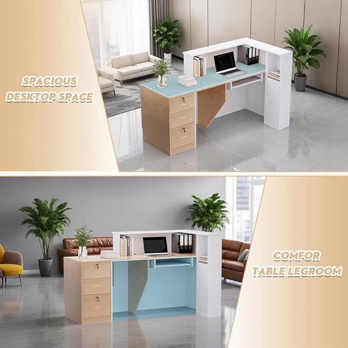 L-Shaped Modern Reception Desk with Counter & Storage - 71" Large Office Front Desk, Salon Checkout Counter with Lockable Cabinets, Shelves(Oak & White, Left - 71''L x 34''W x 41''H)