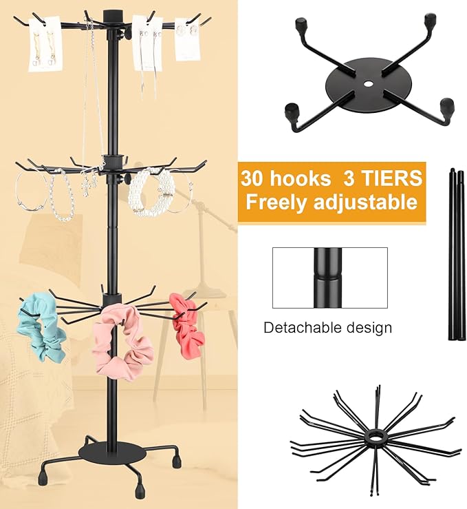 4 Pcs Spinning Jewelry Display Stand 3 Tier Rotating Keychain Earring Retail Rack Adjustable Fashion Counter Jewelry Tree Display Holder Organizer for Women Men (Black)