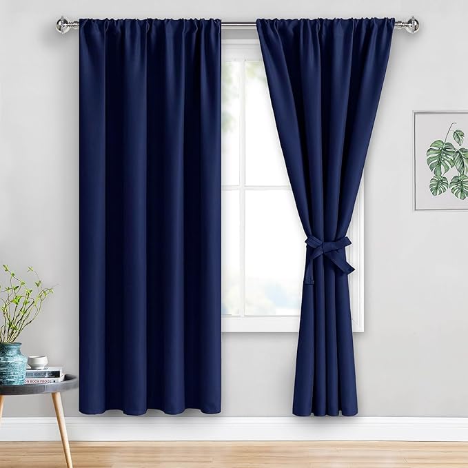 JIUZHEN Blackout Curtains for Bedroom– Thermal Insulated,Noise Reducing Room Darkening Rod Pocket Curtains for Living Room, Set of 2 Panels with Tiebacks, 42 x 72 inch Long,Navy Blue