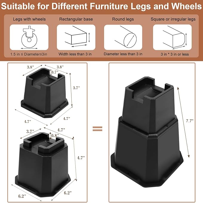 shouwuhho Bed Risers 7 inch, Furniture Risers Elevation in Heights 7 Inch Heavy Duty, Bed Lift Risers for Caster Wheels or Posts of Bed Table Couch, Support up to 6000 lbs, Black, 4 Pack