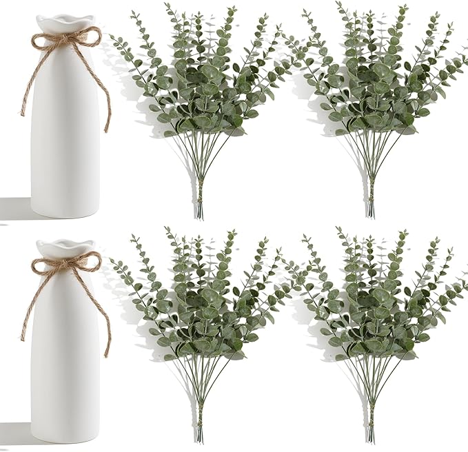 19" Fake Plants with Vase,40 Faux Eucalyptus Stems 2 White Ceramic Vases Realistic Artificial Plants indoor Artificial Greenery Stems in Vases for Centerpieces Bathroom Bedroom Modern Farmhouse Decor