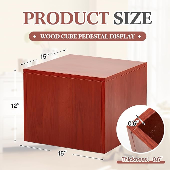 Wooden Cube Display Pedestal Stand 15 x 15 x 12 Inch Riser Column Pillar Easy Assembly Required for Home Store Party Event Decor Window