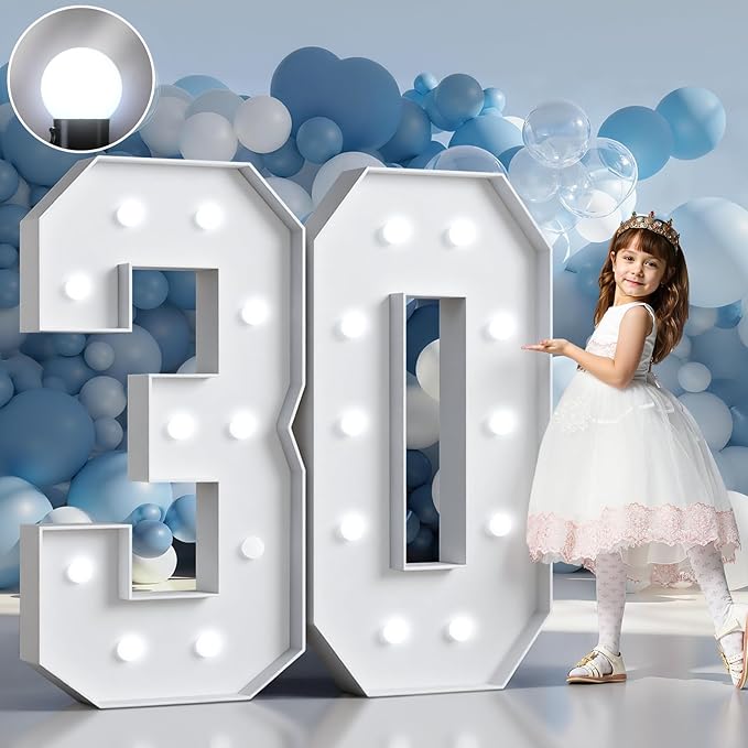 Marquee Numbers 4 Feet Tall Big Light Up Numbers 30th Birthday Decorations Women Men White Anniversary Party Decor Large Cardboard Prop Backdrop Sign 30