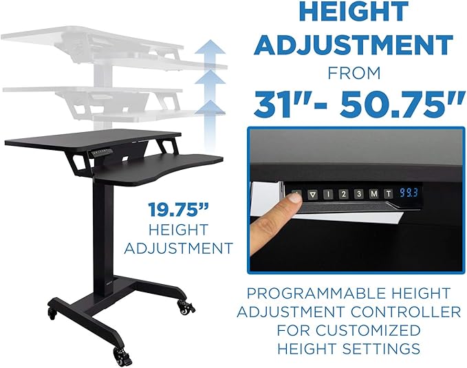 Mount-It! Electric Mobile Height Adjustable Standing Workstation with Wheels | Rolling Sit Stand Workstation with Programmable Height Adjustment Controller | 31.5 x 14.5 in Tabletop