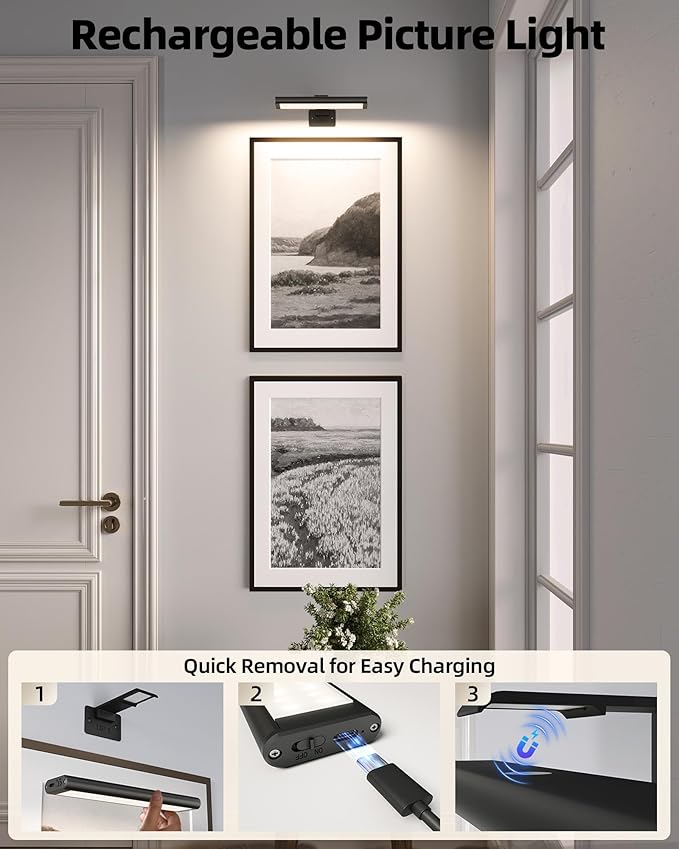EZVALO Picture Light for Wall, Rechargeable 2400mAh Battery Lights Wireless Remote, 3 Color & Dimmable Magnetic 8'' LED Lights Display for Painting, Living Room, Gallery, Bedroom, Dashboard(Black-2P)