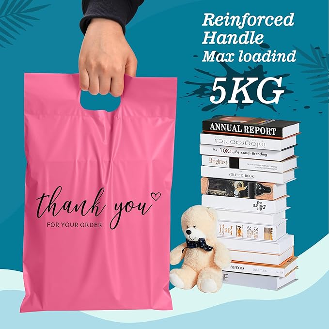 JinRuiKJ Poly Mailers with Handle 12x15.5 Inch 50 Pcs, Easy to Carry Packaging Bags for Small Business, Thank You Shipping Bags with Self Adhesive Strip, Tearproof and Waterproof - Pink