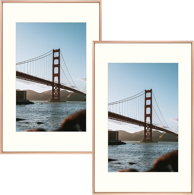 Frametory, 16x24 Metal Picture Frame with Mat for 12x18 Picture & Real Glass, Aluminum Photo Frame Collection (Rose Gold, 2 Pack)