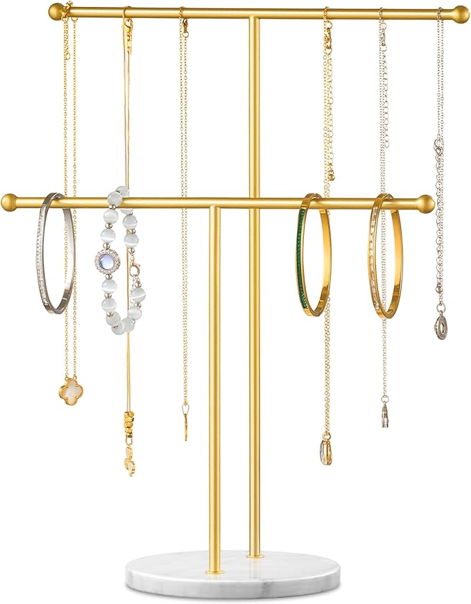pickpiff Necklace Holder Stand: 2 Tier Jewelry Organizer with Marble Base, Gold Jewelry Tree Display for Bracelets, Rings, Earrings, Gold and White