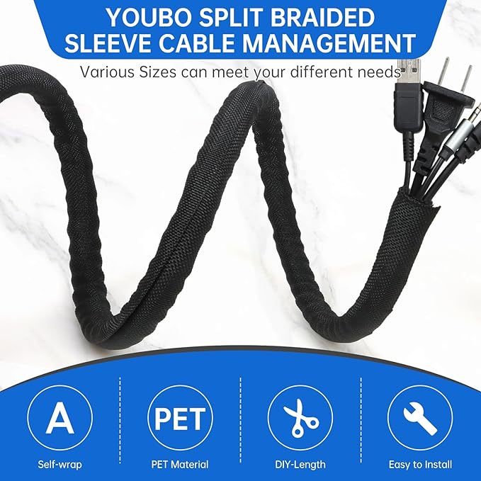 Split Braided Cable Sleeve，Flexible Wire Loom Tubing, Automotive Cord Protector Pet Proof, Cable Management for Computer TV Electric Wires Harness 16ft (Black, 8mm（5/16")