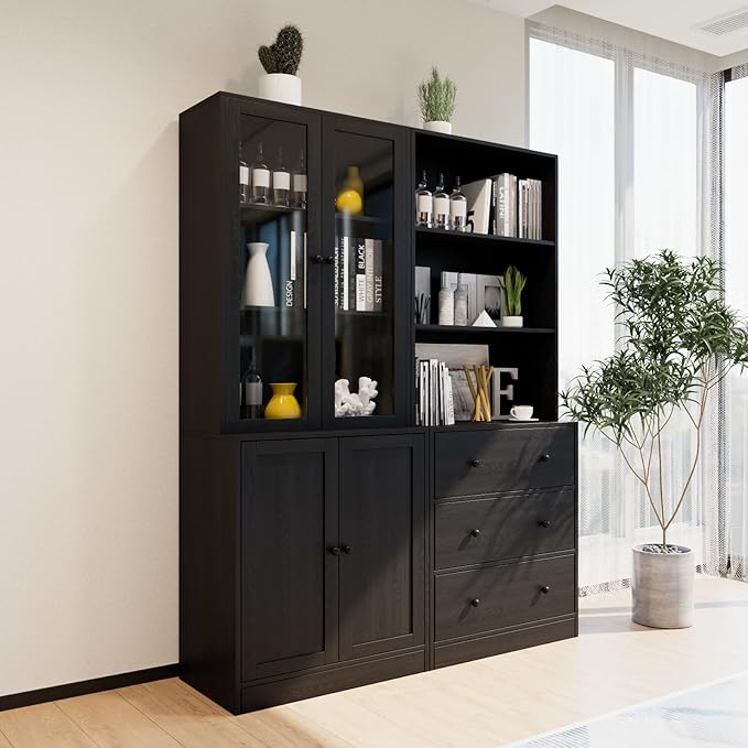 TUSY 71" H Bookshelf Bookcase with Doors, 3-Tier Modern Bookshelves with 3 Large Drawer, Display Bookcase with Glass Doors, Modern 5-Tier Curio Cabinet for Home Office, Dining Room (Black, AB)