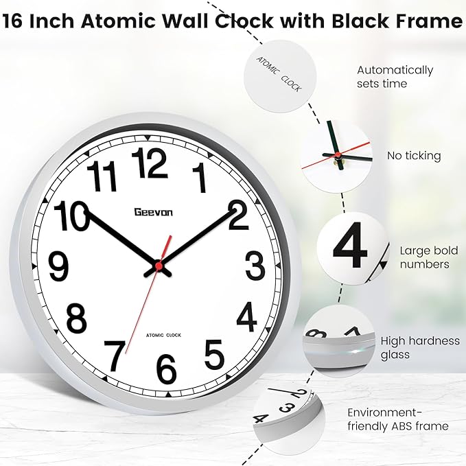 Geevon 16 Inch Atomic Wall Clock - Self-Setting Analog Clock with Automatic Time Sync - Battery Operated for Home Office School - Silver Frame
