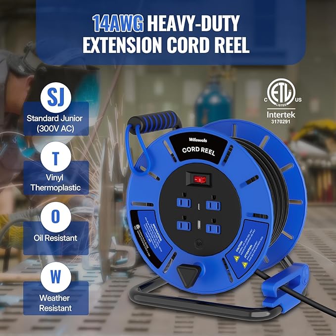 60 FT Retractable Extension Cord Reel, 14AWG Heavy Duty Power Cord with 4 Grounded Outlets, USB-A & USB-C Ports, 13A 1625W, Portable Hand Crank for Indoor Outdoor Use, ETL Listed U60ACR06