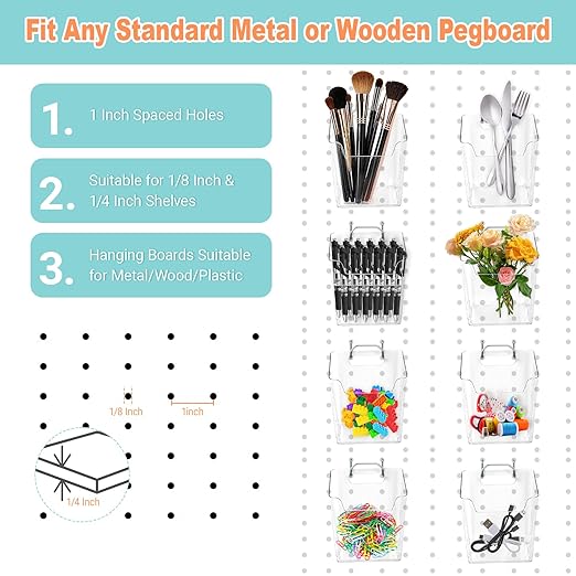 8 Pack Large Pegboard Bins with Hooks, Square Box Shape Peg Board Cups and Peg Board Accessories for Craft Room, Playroom, Office, Garage, and Wall Mount Organization
