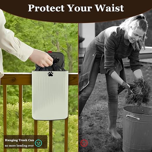 Dog Waste Trash Can Wall Mounted, 2.1Gal Small Outdoor Trash Can with Lid, Hanging on Fence, Dog Poop Bucket with 40 Bags, Inner Waste Bin, White