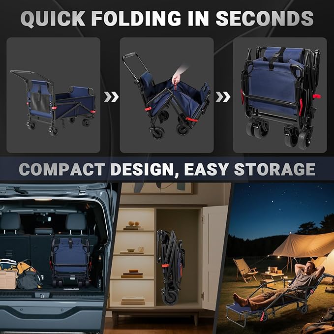 LEVELEVE 400lb Capacity 2-in-1 Folding Wagon - All-Terrain Wheels w/Brakes + Side Pockets | Heavy Duty Utility Cart for Camping, Shopping, Sports