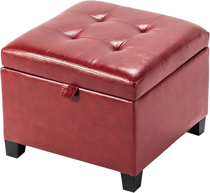 Asense 17 Inch Storage Ottoman Foot Rest,Square Faux Leather Foot Stool,Small Ottoman with Storage,Padded Seat for Entryway,Living Room,Bedroom,Couch,Under Desk,Red