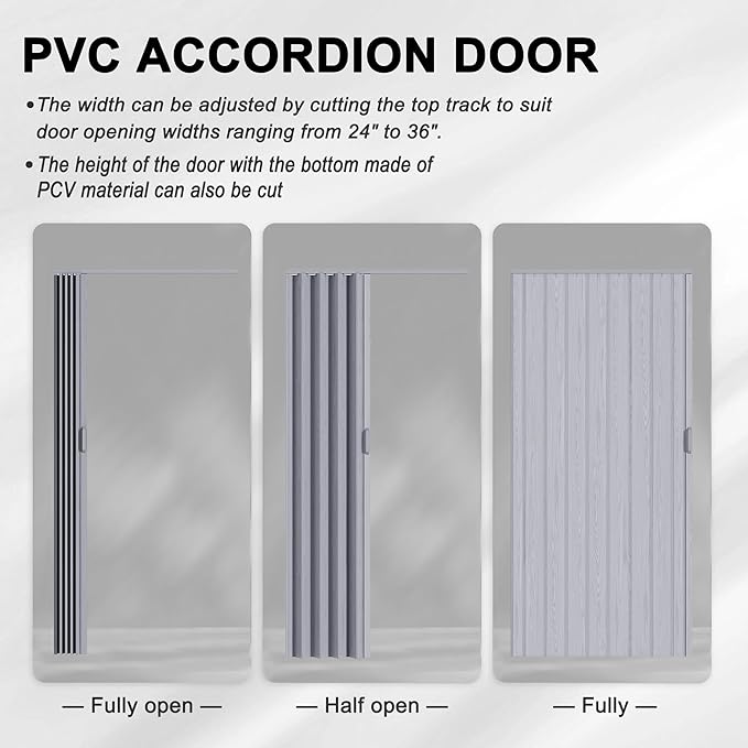 36" x 80" Accordion Doors Interior Folding Door, Grey PVC Accordion Door for Opening Width: 24"-36", Adjustable Height & Width, Two Strong Magnetic Blocks for Close Tightly, Protect Privacy