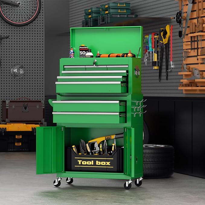 Superday Metal Tool Chest, 8 Drawer Rolling Tool Chest with Wheels, Detachable Tool Storage Cabinet with Lock for Garage, Steel Tool Cart with Liner & Hooks for Workshop, Warehouse (Green)