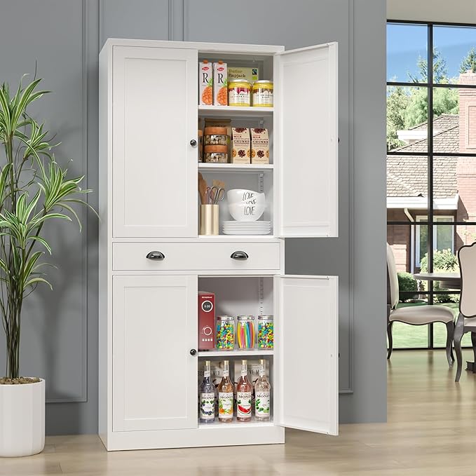 71” Food Pantry Storage Cabinet with Drawer,White Metal Kitchen Pantry Cabinet with Doors and Adjustable Shelves,Tall Storage Cabinets for Pantry,Kitchen,Livingroom