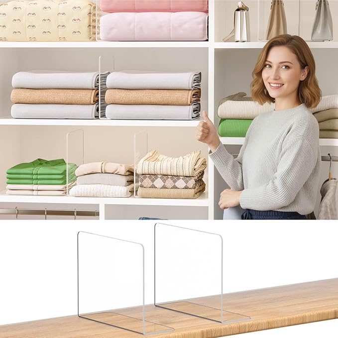 Shelf Dividers for Closet Organization: 10" Tall x 8.4" Deep Durable Clear Acrylic Divider Organizer for Shelves - 12 Pack Adjustable Shelving Separators for Clothing Purse