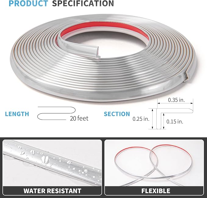 Art3d 20ft Outside Vinyl Corner Trim Peel and Stick for Tile and Wall Edges, Furniture Decoration Glittery Silver