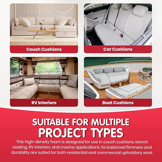 FOAMYFOAM High Density 1 inch Thick, 24 inch Wide, 72 inch Long Upholstery Foam, Cushion Replacement