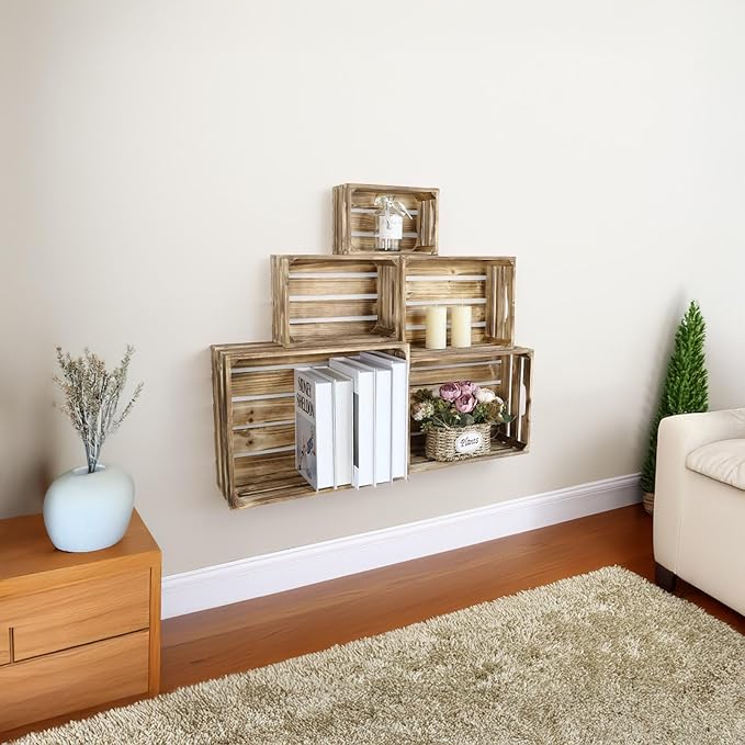 Set of 5 Large Wooden Crates, Nesting Storage Crate with Handles, Rustic Torched Brown Farmhouse Wooden Crates for Display, Wedding Birthday Home Party Living Room Kitchen Decoration