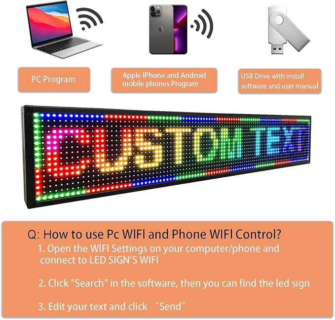 P6 Outdoor Full Color 40 x 18 inches Led Sign WIFI And USB Programmable Led Sign With High Resolution Scrolling Texts, Colorful images and videos LED Advertising Display Board For Shop (P10-40''x8'')