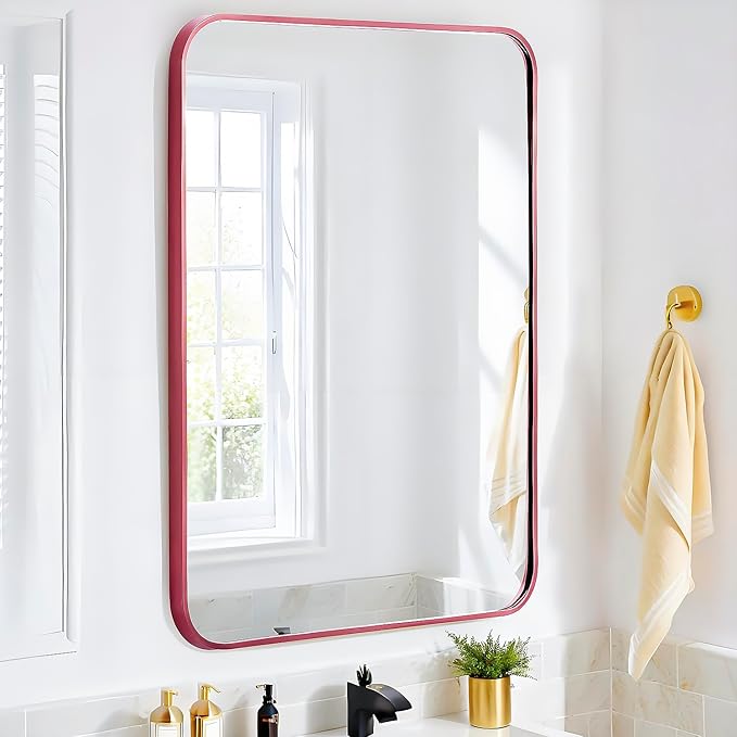 36x24 Mirror Rectangle Wall Mounted Aluminum Metal Frame Square Mirrors for Entryway Girl Bedroom Bathroom Living Room 36 24 inch Pink Rose Gold