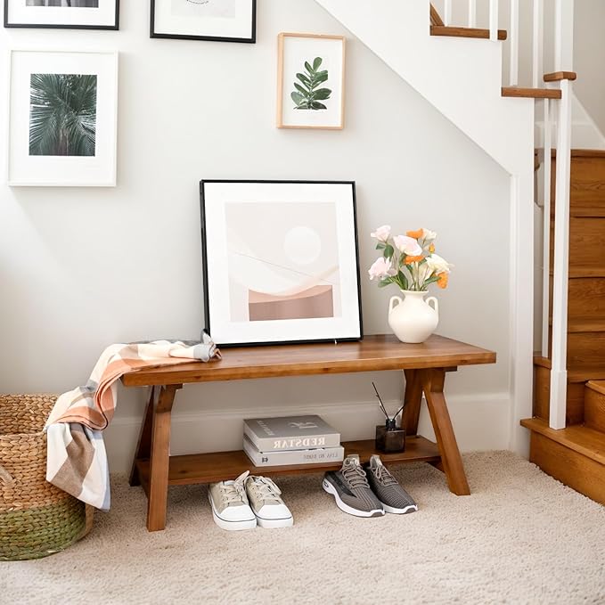 SwallowLiving 43 Inch Farmhouse Storage Bench, Rustic Solid Wood Entryway Bench for Living Room, Dining Room, Hallway | Indoor Seating with Natural Wood Finish