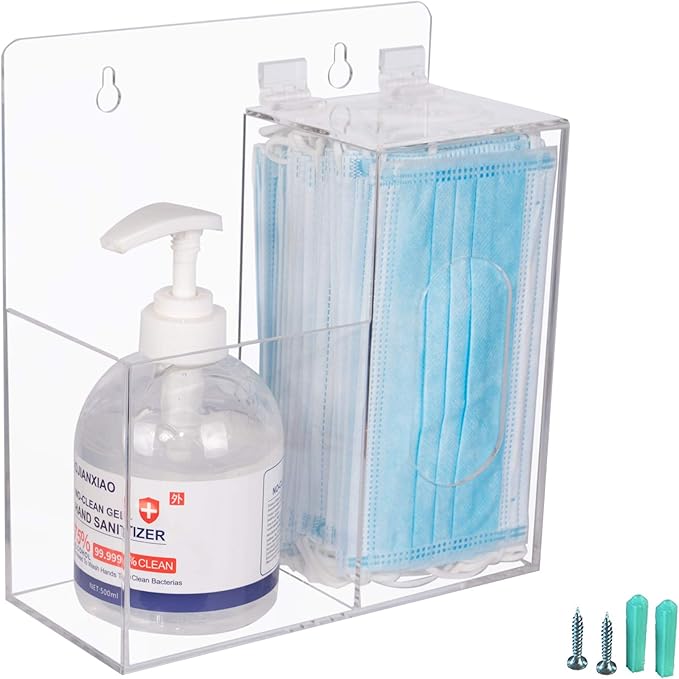 Acrylic Mask Dispenser & Hand Sanitizer Holder Stand Wall Mount or Countertop, Hygiene Station with 2 Compartment Clear Box Dispenser Holder for Face Masks, Gloves, Hairnets, Spray Bottle