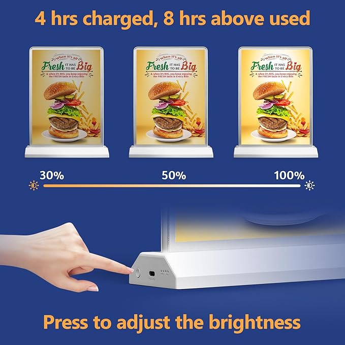 A4 Size Tabletop LED Sign Holder, Brightness Adjustable Desktop Advertising Light Box, Charged via USB, Durable Light up Menu Holder for Restaurants, Bars, Hotels, Stores, Offices, Wedding