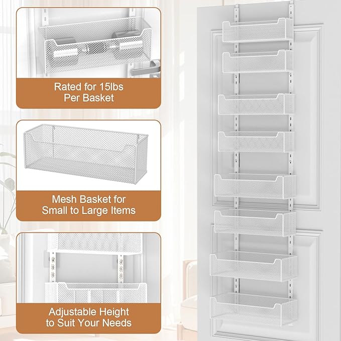 Over The Door Organizer, 8-tier Metal Door Organizer Hanging with Adjustable Baskets, Behind The Door Storage for Bedroom Closet Bathroom Pantry Cabinet Kitchen, White