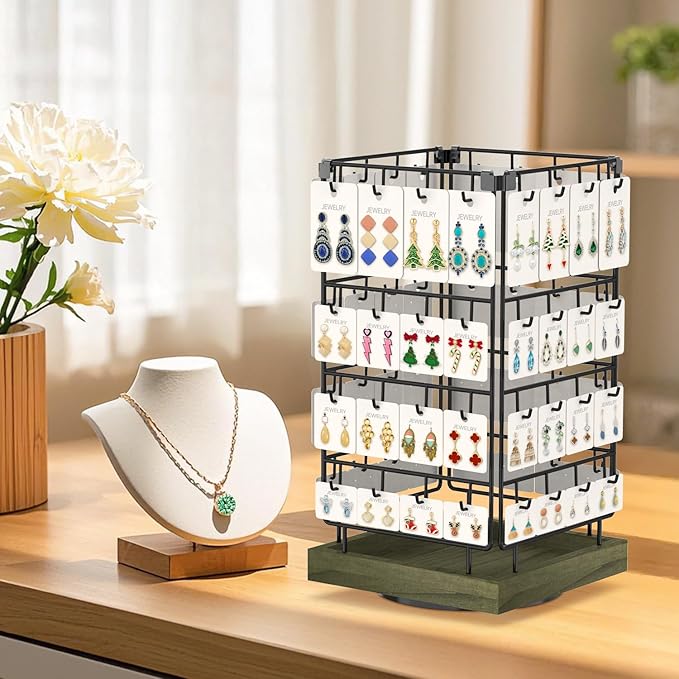 EsLuker.ly Rotating Earring Display Holder Stand for Vendors Events Selling, Large Capacity 64 Hooks Jewelry Rack with Wooden Base for Earring Card Sales, Enhances Retail Visibility(Rustic Gray)