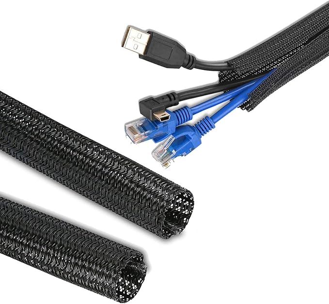 3/4" 25ft Expandable Braided Cable Sleeve Split Wire Loom Tubing – Pet-Proof Cord Protector for USB, Power Cords, Audio/Video Cables – Durable Wire Management Sleeving Black