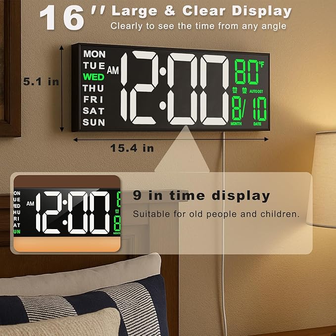 TrophyRak 16" Large Digital Wall Mount Clock, Count Down Timer, Alarm, Big LED, RGB Color, DST, Temperature for Living Room Classroom Desk, Wall, Xmas, Birthday Gift for Senior Mom Dad, White Green