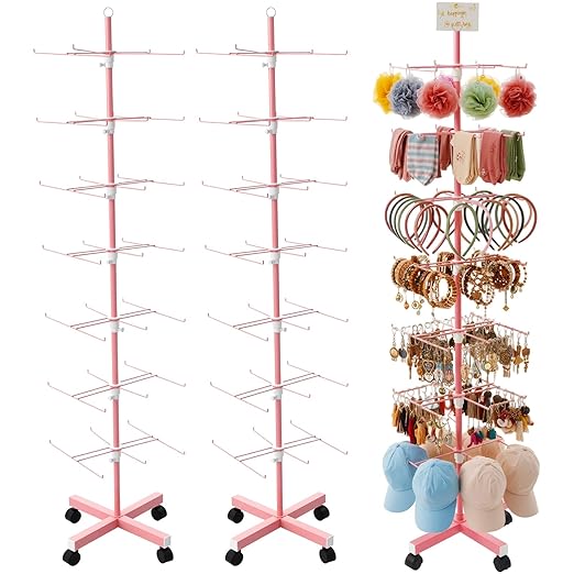 Ripeng 2 Pcs 7‑Tier Retail Display Stand – Rotating Display Rack with Wheels for Jewelry Keychains Socks Hats – Adjustable Movable Shop Spinner for Craft Shows Vendor Events & Stores Accessories, Pink