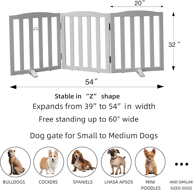 Freestanding Dog Gate Indoor,Doggie Gate Foldable Dog Gates for Doorways,Stairs or Hallways, Wooden White Pet Gate for The House, Pet Fence with Support Feet Included,32 "Height-3 Panels
