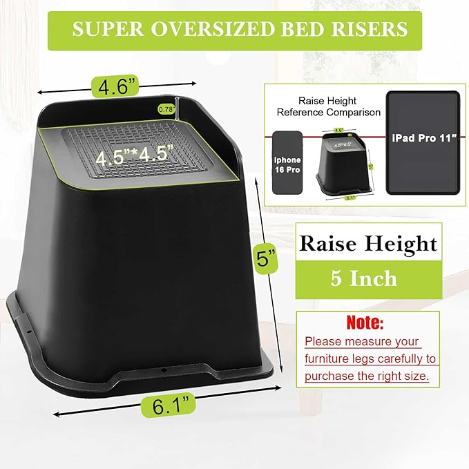 Bed Risers 1 inch, 2 inch, 3 inch, 4 inch, 5 inch, 6 inch, 8 inch Heavy Duty, Oversized Furniture Riser for Couch Sofa Table Chair Leg Frame Dorm, Support up to 6000 Lbs (Black 8 Pack, 5 inch)