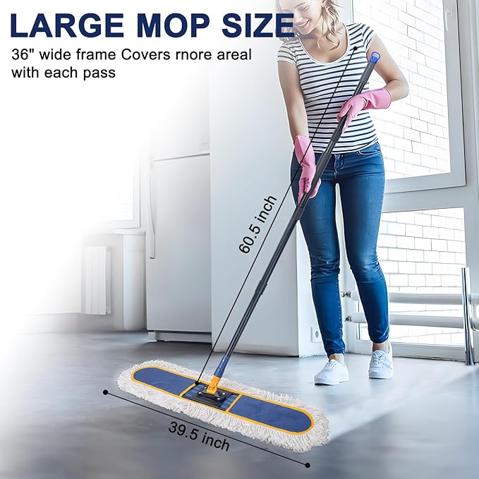 KeFanta 36" Commercial Dust Mops for Floor Cleaning,Industrial Dry Wet Mop with Heavy Duty Long Handle,2 Large Cotton Washable Mop Pads,for Hardwood,Tile,Concrete,Laminate,Garage Floors(Blue)