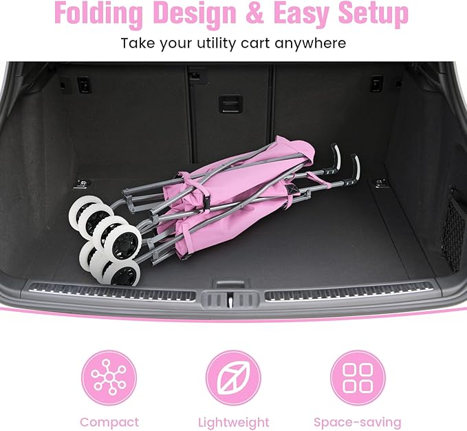 GOFLAME Folding Shopping Cart on Wheels, Waterproof Grocery Cart with Removable Cover and 360° Swiveling Wheels, Collapsible Utility Cart for Groceries and Laundry, 120LBS Load Capacity, Pink