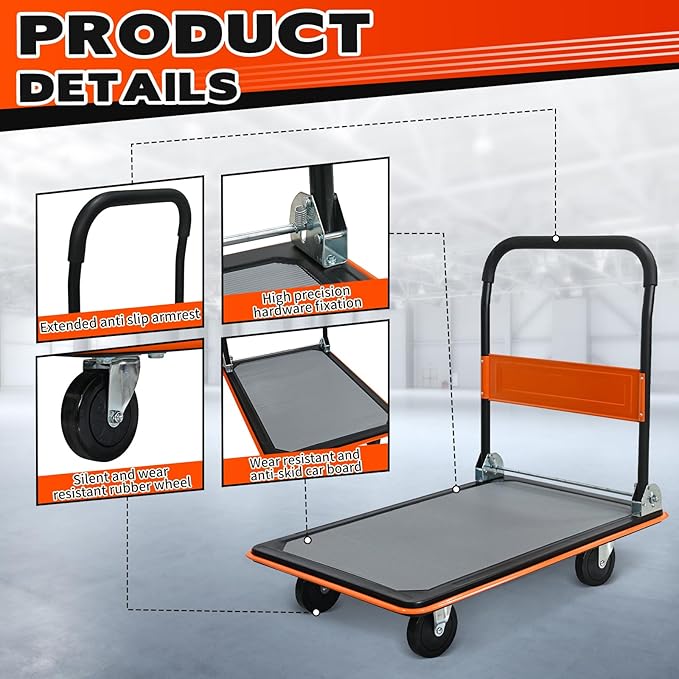660lbs Large Size Heavy Duty Orange Flatbed Cart, Folding Steel Platform Hand Truck with 360° Silent Swivel Wheels, Utility Dolly for Storage & Moving