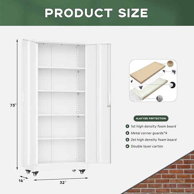 Greenvelly 73" Storage Cabinet with Wheels,Metal Rolling Garage Cabinet with Locking Doors and 4 Adjustable Shelves for Home,Kitchen,Office,Warehouse(32" W x 16" D White)