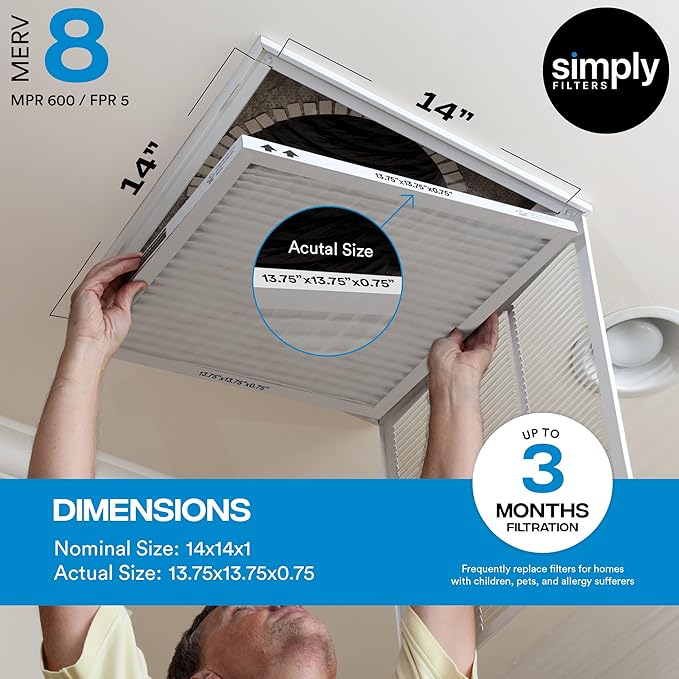 Simply 14x14x1 Air Filter, MERV 8, 6 Pack, For Home AC Furnace & HVAC (Actual Size: 13.75"x13.75"x0.75") DUST, Pet, & Allergy Control